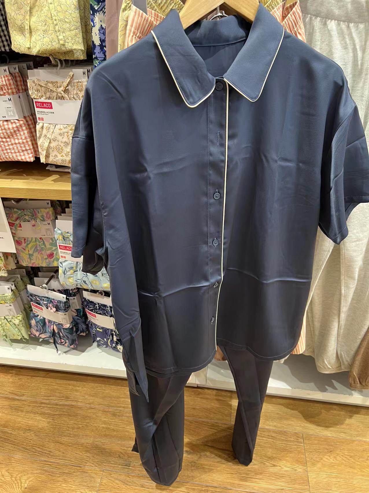 退换优衣库女装缎纹花式睡衣春夏季混纺短袖家居睡衣