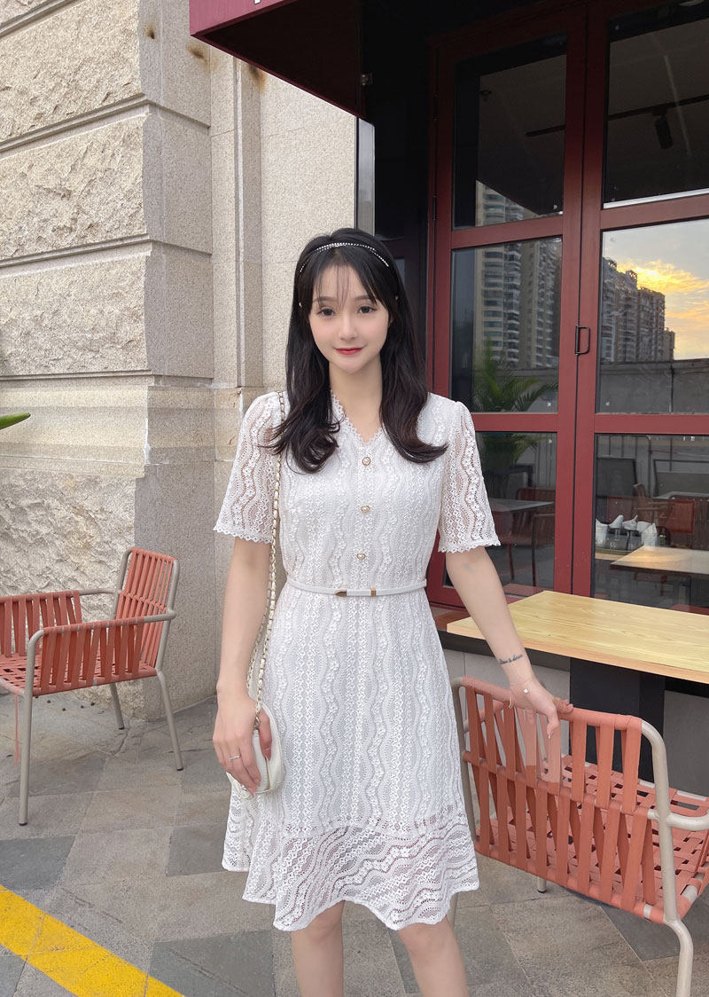prich2021夏款法式短袖裙子腰带白色蕾丝仙女连衣裙