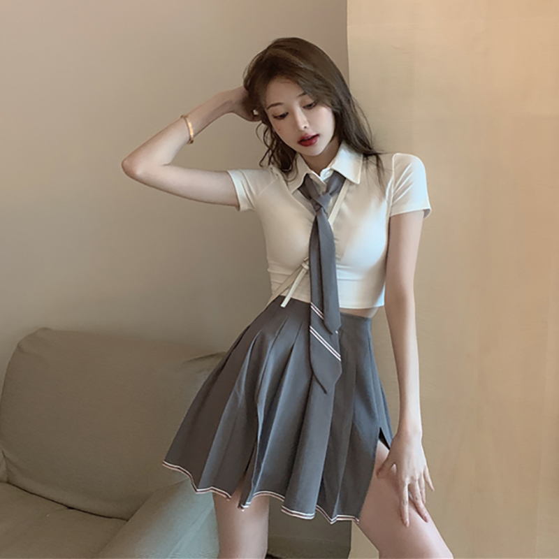 甜辣妹风蹦迪女装性感高腰半身短裙学院风jk制服开叉百褶裙子套装