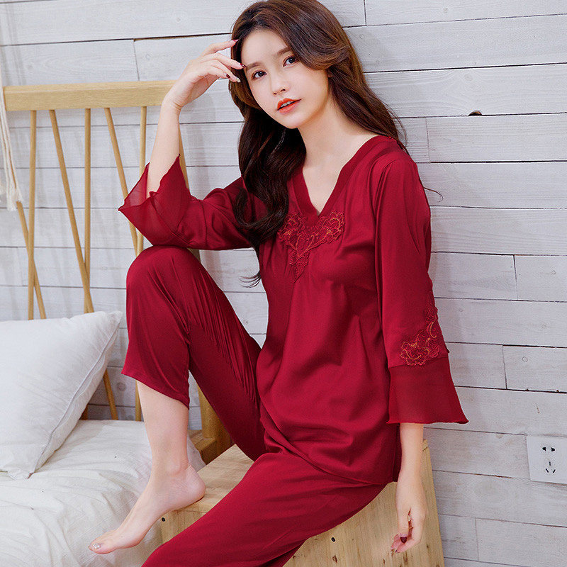 丝绸南极人春秋秋季真丝女士长袖睡衣冰丝大红睡衣