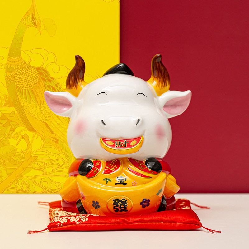 陶瓷招财牛年吉祥物送礼存钱储蓄罐摆件开业本命摆件