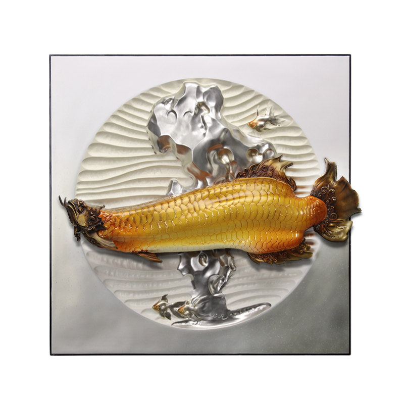新中式背景墙金龙鱼过道玄关餐厅装饰画沙发客厅浮雕现代装饰画