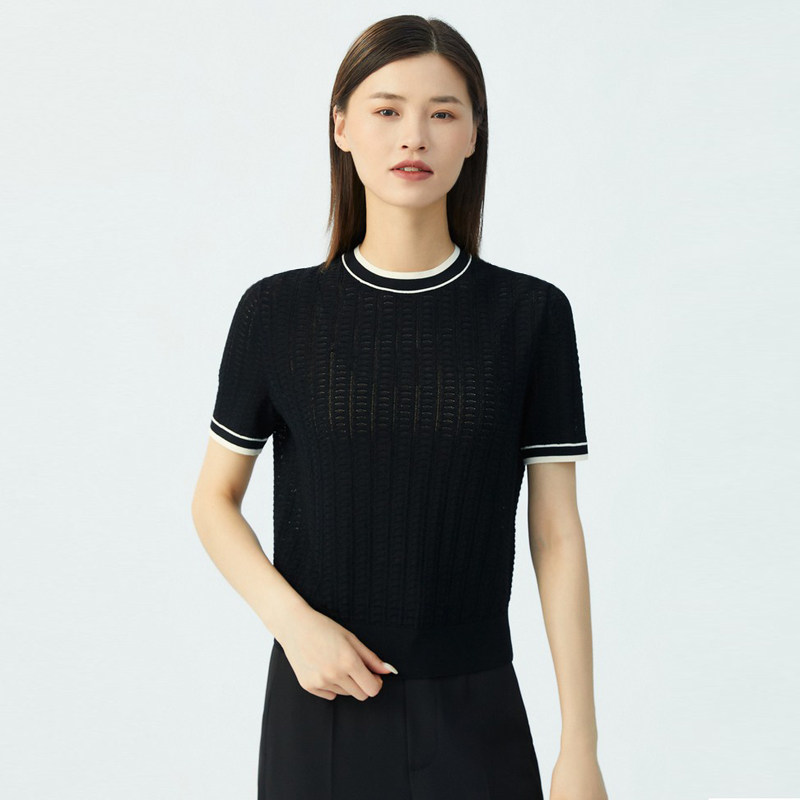 正品哥弟新款2022夏拼色螺纹圆领小香风短袖冰丝针织衫女a301013