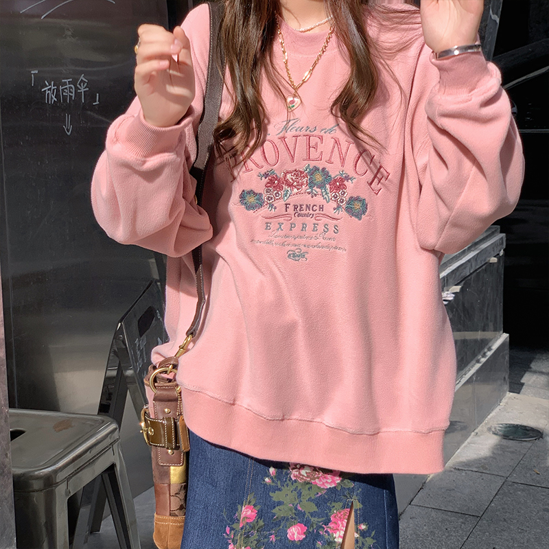 JC古着商店粉色卫衣女薄款2022春秋新款复古宽松套头无帽上衣外套