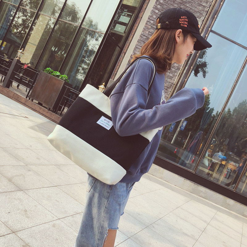 帆布包女单单肩大学生上课背的包包女2020新款拼色女士包袋