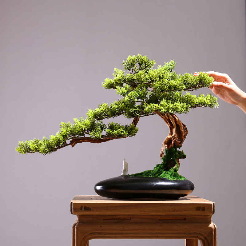 迎客松空间禅意玄关中式新中式盆景客厅盆栽植物仿真植物盆景