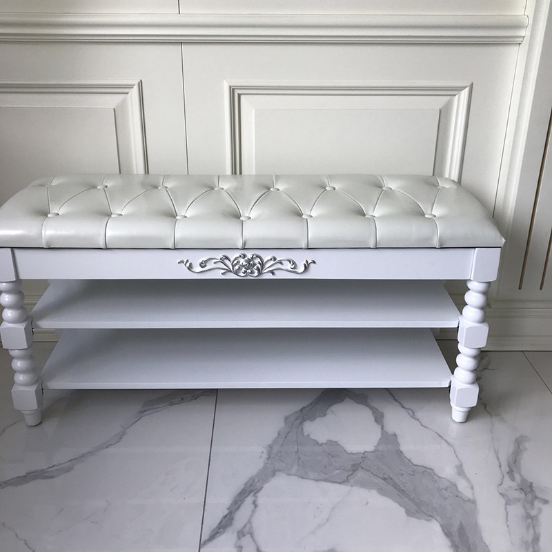 白色美式换鞋凳欧式真皮入户鞋凳式鞋架鞋柜进门储物全实木穿鞋凳