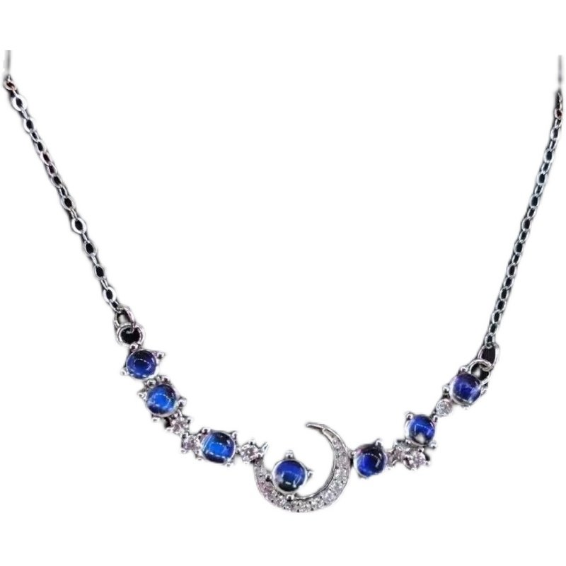 蓝月光宝石七星星伴月锁骨纯天然印度月光石主石3mm颈饰