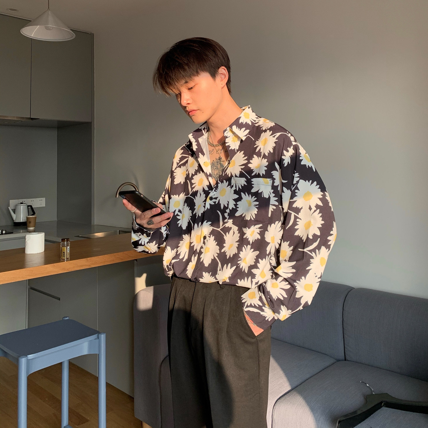 崔布局/gd回归抗皱面料长袖碎花衬衫男韩版帅气百搭休闲花衬衫潮