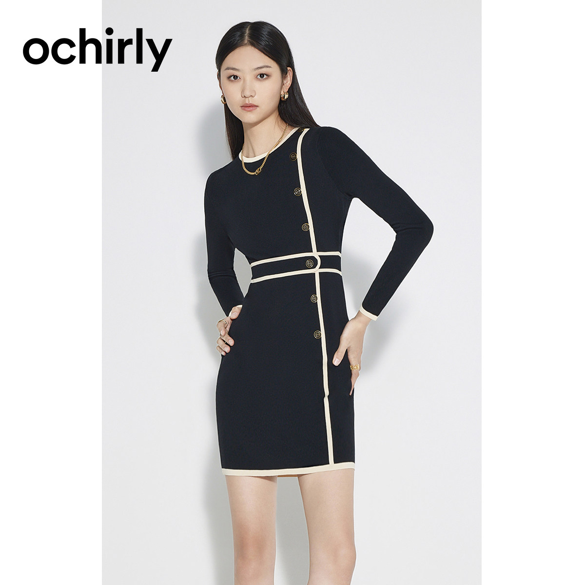 ochirly欧时力针织连衣裙2022新款冬装撞色织带收腰连衣裙