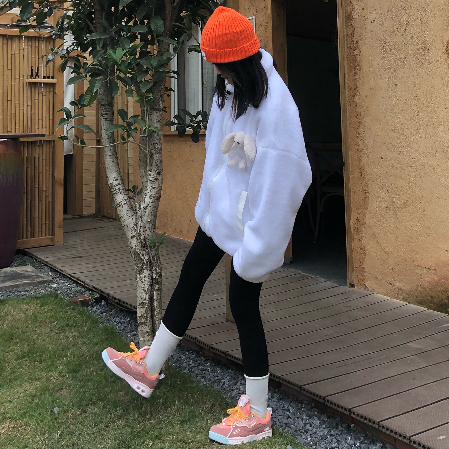 林先叁橘色运动鞋女休闲百搭小众设计2021春季新款老爹鞋ins潮鞋
