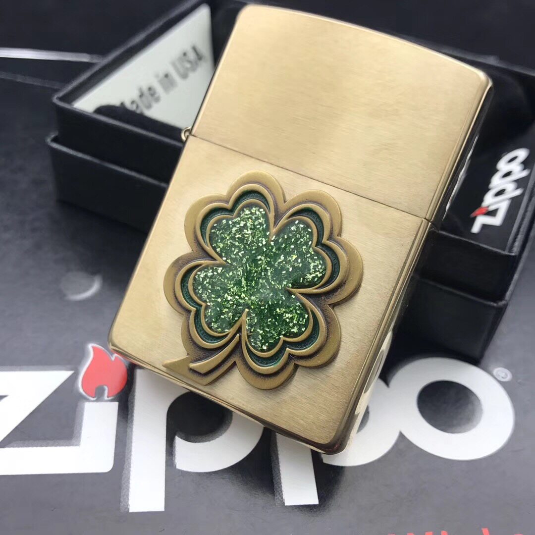 zippo打火机原装正品幸运四叶草绿色徽章纯铜拉丝zippo