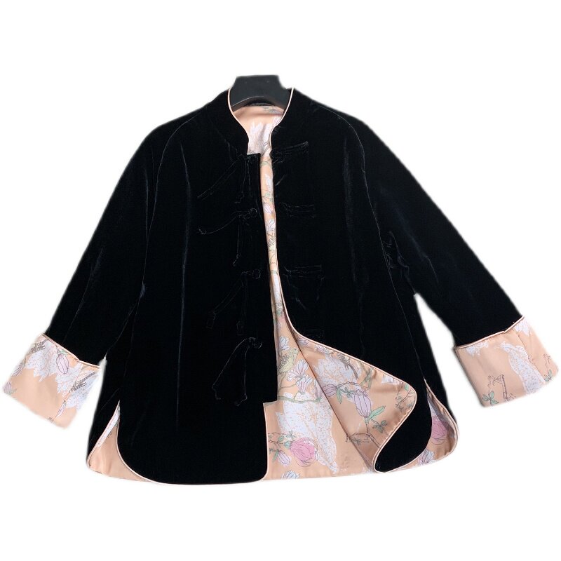 春秋2022新唐装棉衣中国风真丝丝绒中式盘扣立领宽松欧货外套女