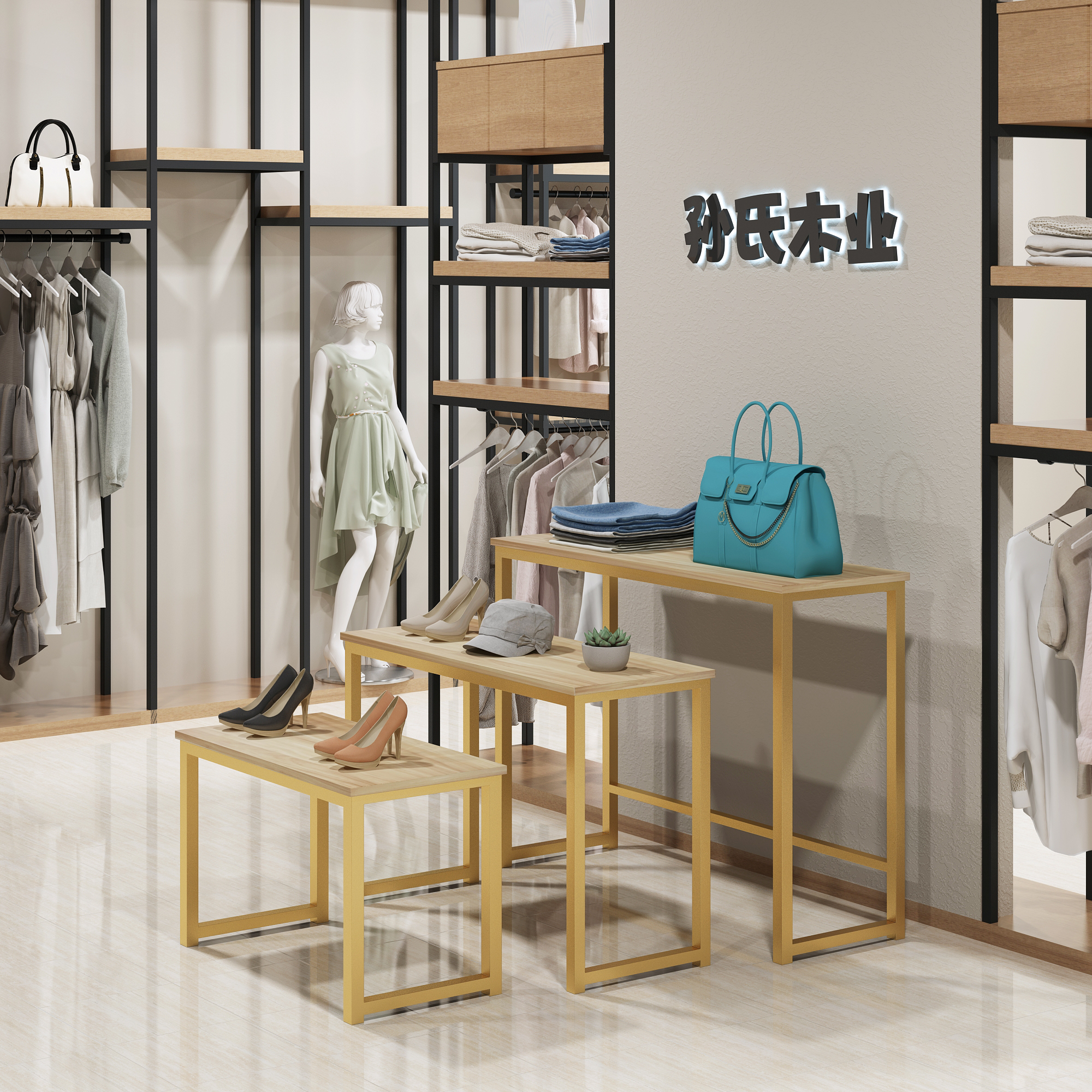 服装店中岛流水台高低展示桌 女装店橱窗货架中岛展示台组合