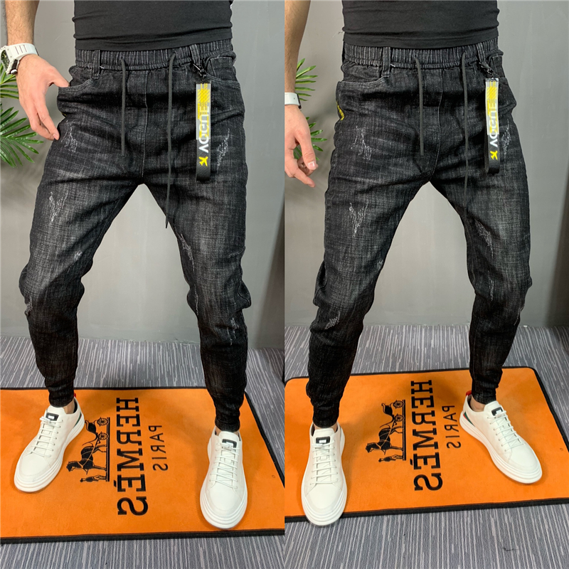 秋季男士修身小脚黑色宽松哈伦牛仔休闲裤网红社会小伙百搭束脚裤
