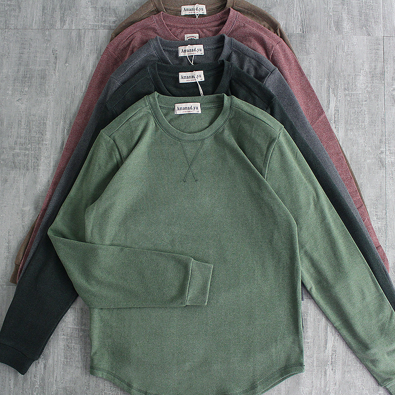 真值软糯舒适纯棉粗绒磨毛做旧水洗秋冬男简约长袖圆领t恤上衣男