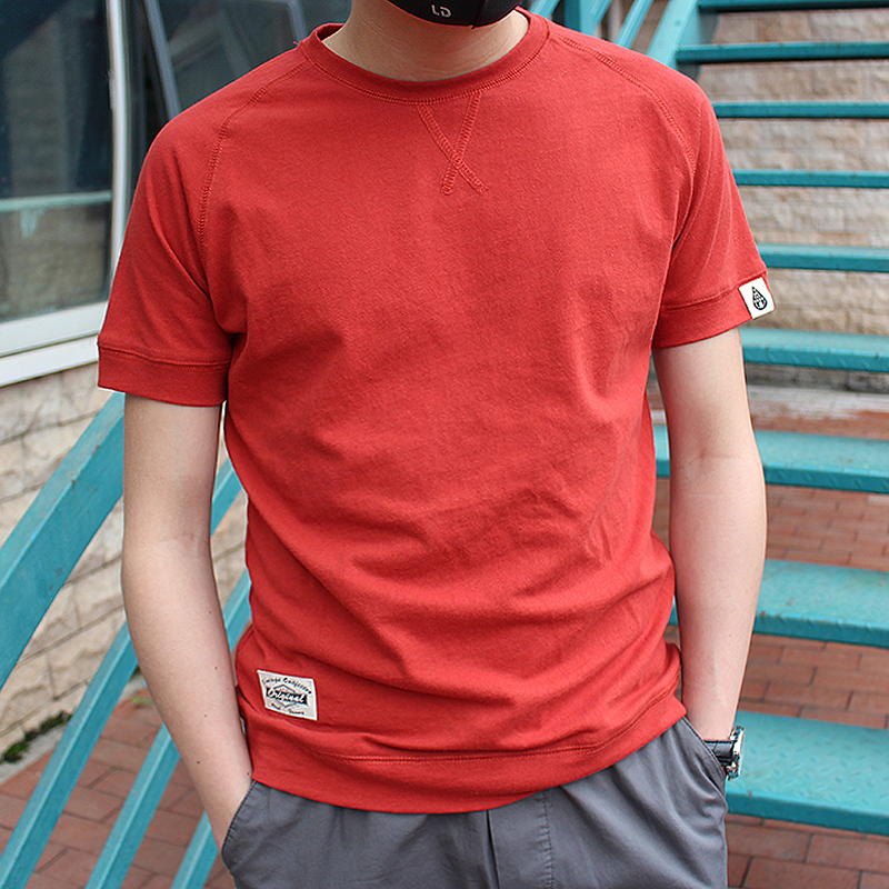 220G棉麻 插肩款夏季男士圆领厚实拼接短袖t恤青年纯色打底衫五色