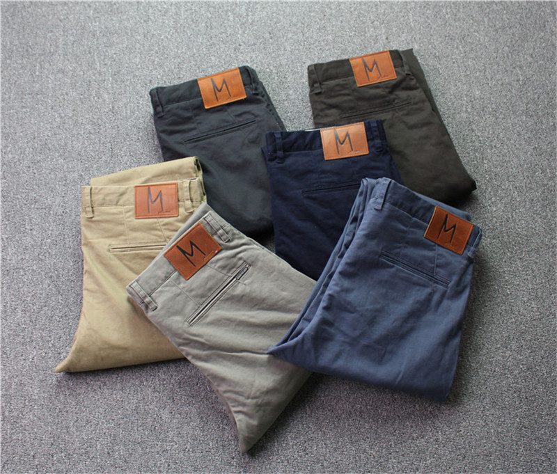 舒适纯棉水洗 男士休闲小直筒长裤青年中腰简约纯色休闲裤 有大码