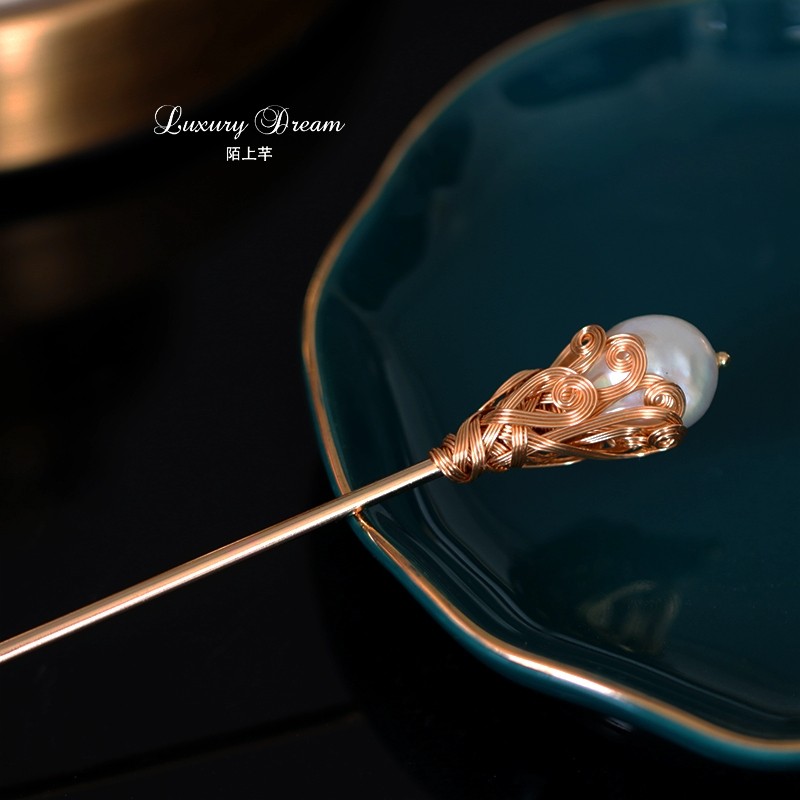 陌上芊天然巴洛克珍珠发簪盘发简约现代古典旗袍后压发簪日常搭配