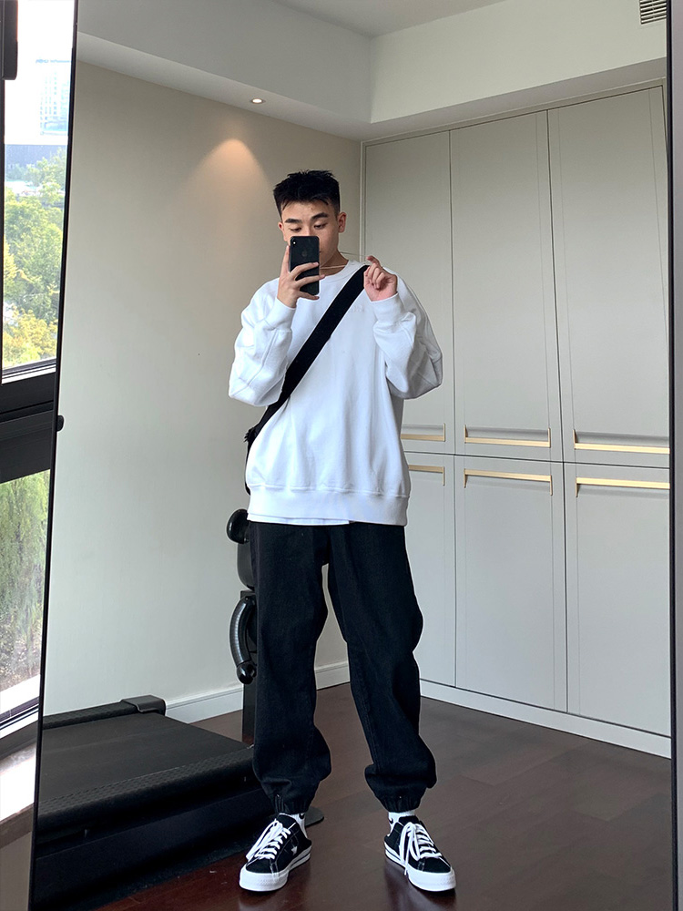 休闲牛仔裤男束脚收口宽松阔腿百搭直筒抽绳松紧腰韩版潮流长裤