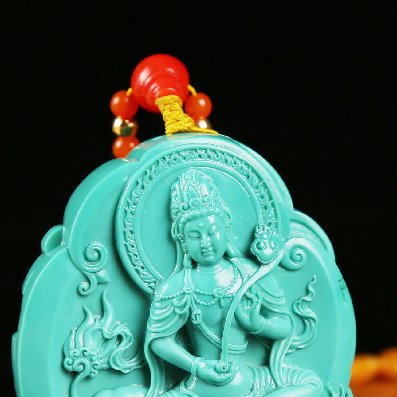 名人堂银奖湖北原矿绿松松石精品文殊菩萨吊坠颈饰