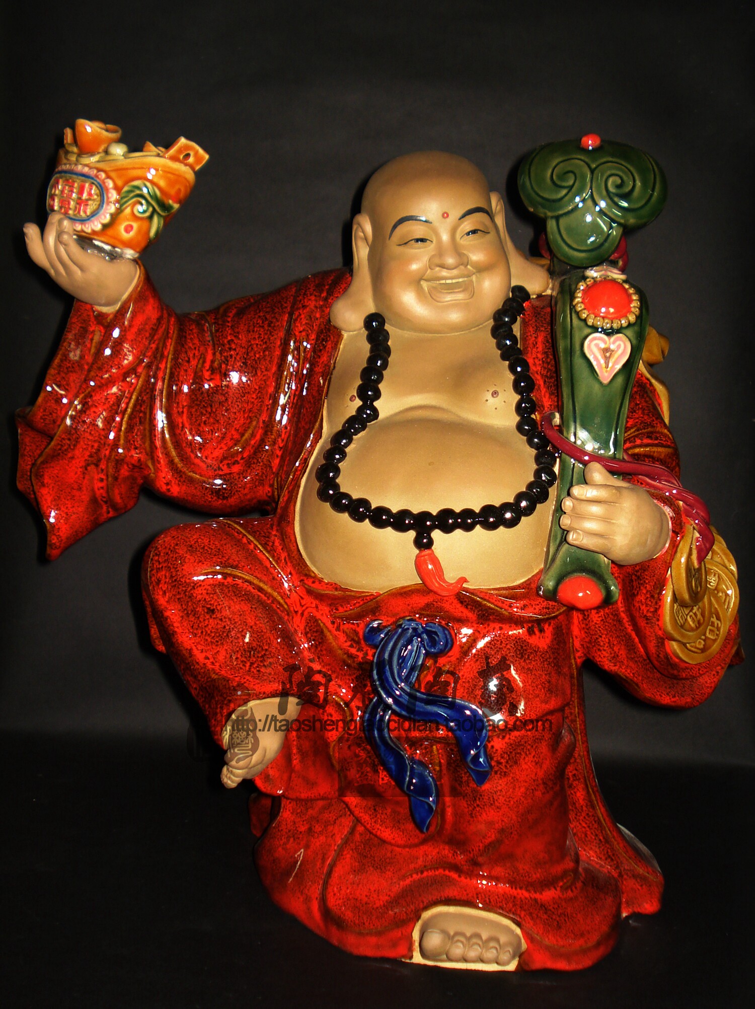 弥勒笑佛一袖定乾乾坤陶瓷工艺石湾公仔红袍佛教工艺品摆件