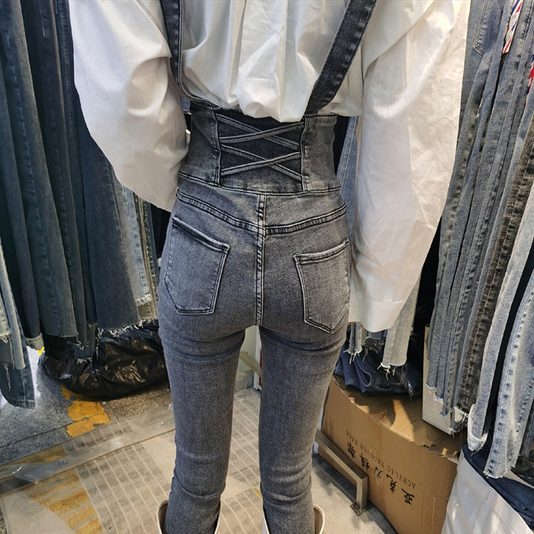 超高腰背带牛仔裤女2021春夏弹力修身显瘦小脚铅笔裤吊带连体裤潮