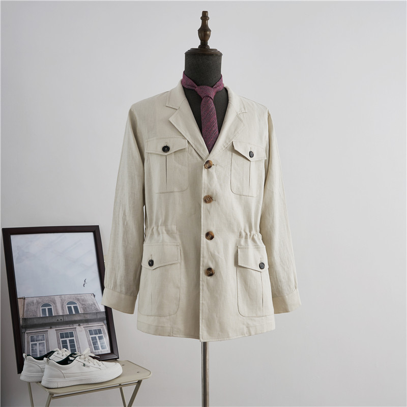 欧美猎装夹克夏季亚麻西服绅装英伦复古游猎休闲西服