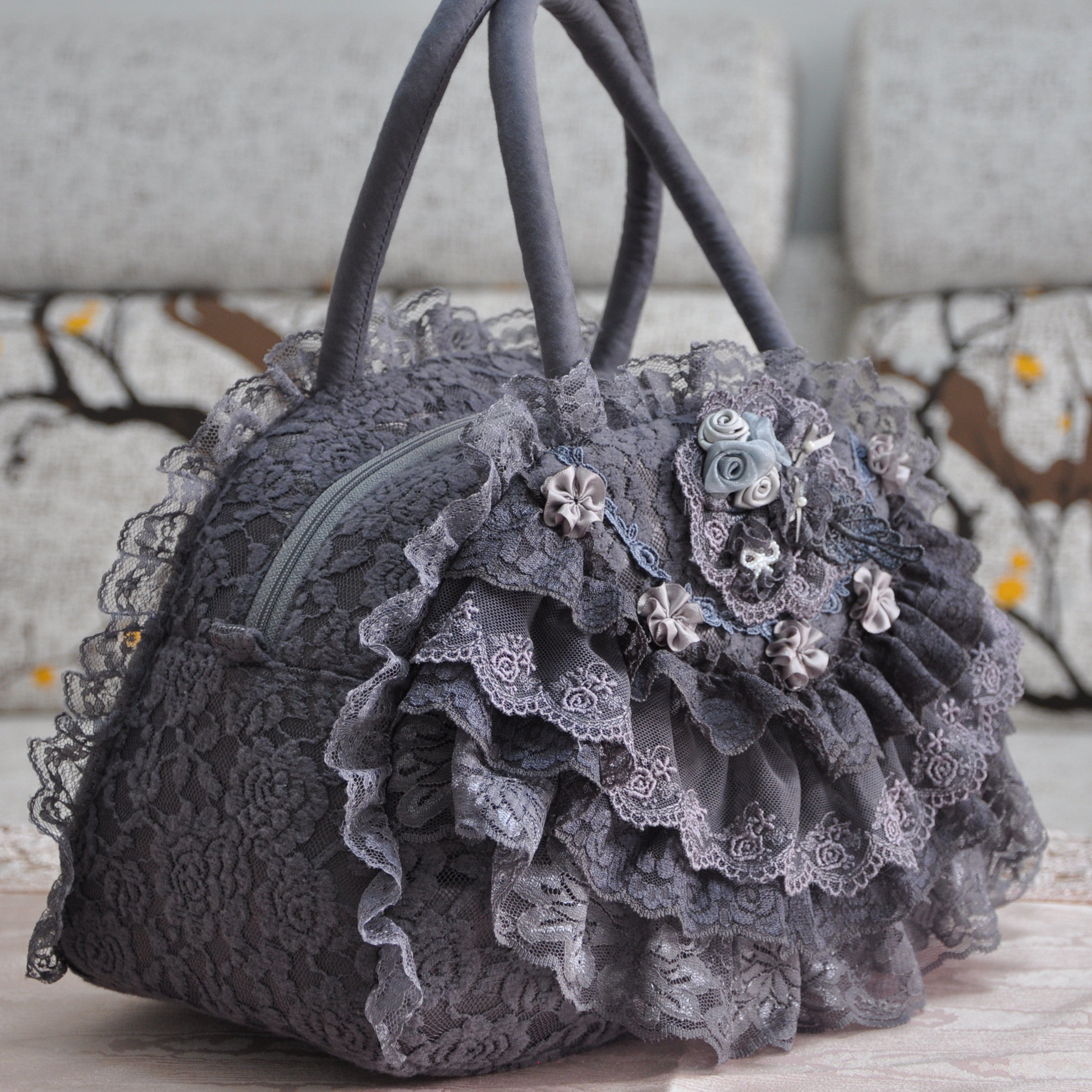原创手工复古公主宫廷洛丽塔包高级灰包蕾丝包包手提包女