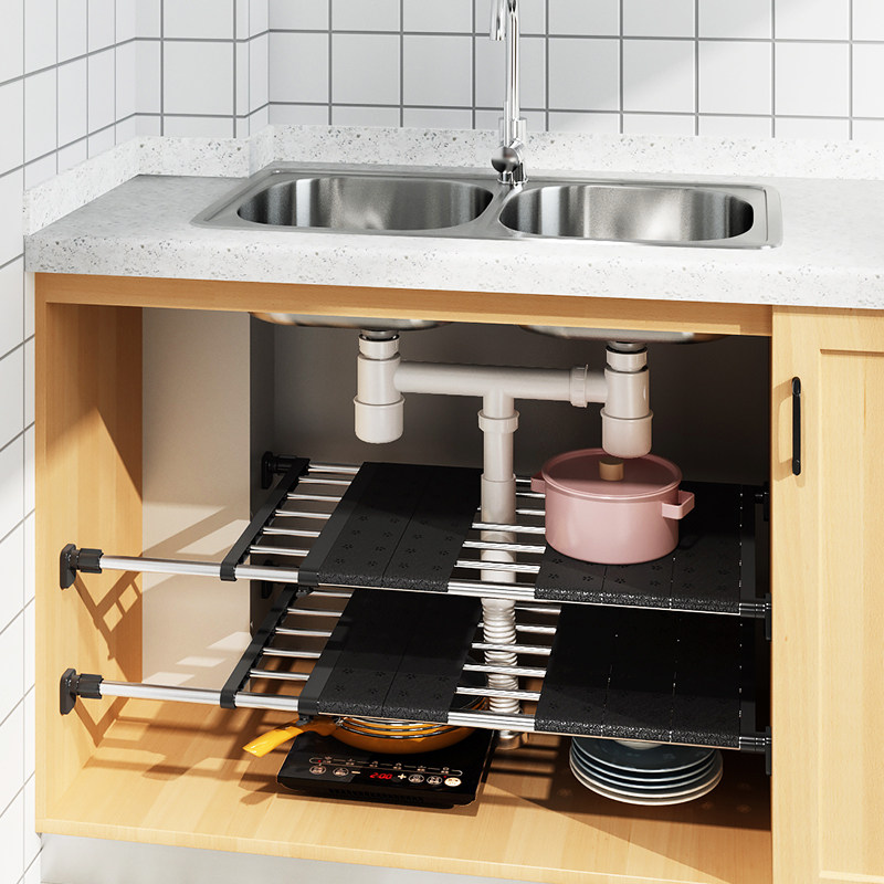 水槽置物架厨房多层伸缩下水水池管道橱柜内分厨房置物架