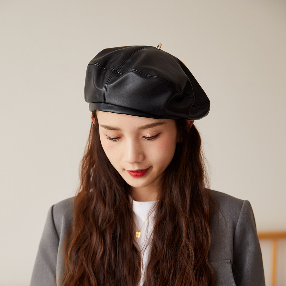 欧美风pu贝雷帽女生韩版街头潮人百搭咖啡色画家帽子