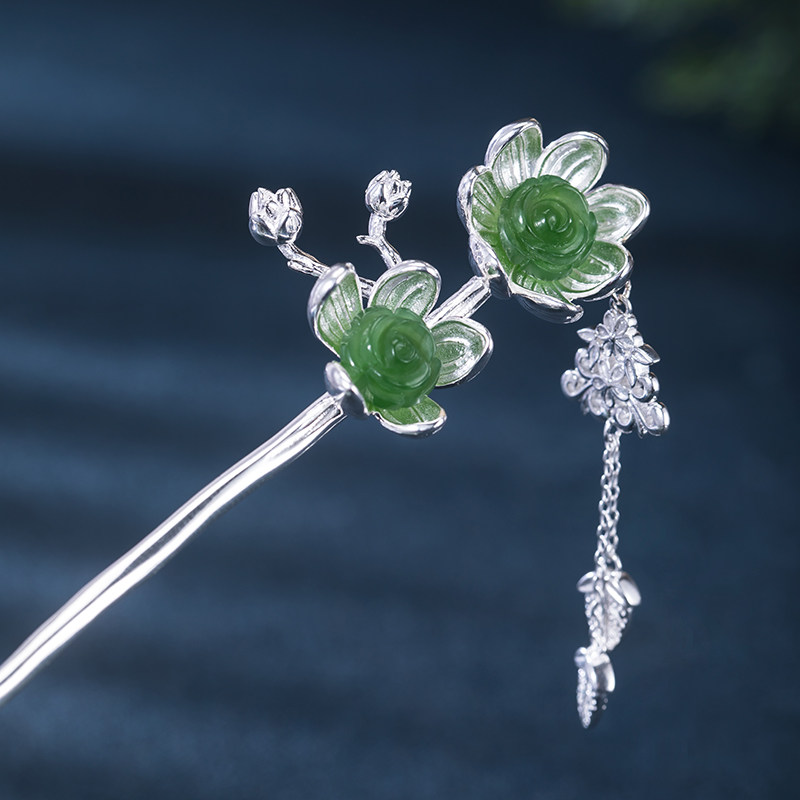 发簪原创设计和田碧玉玫瑰花女流流苏汉服旗袍发饰