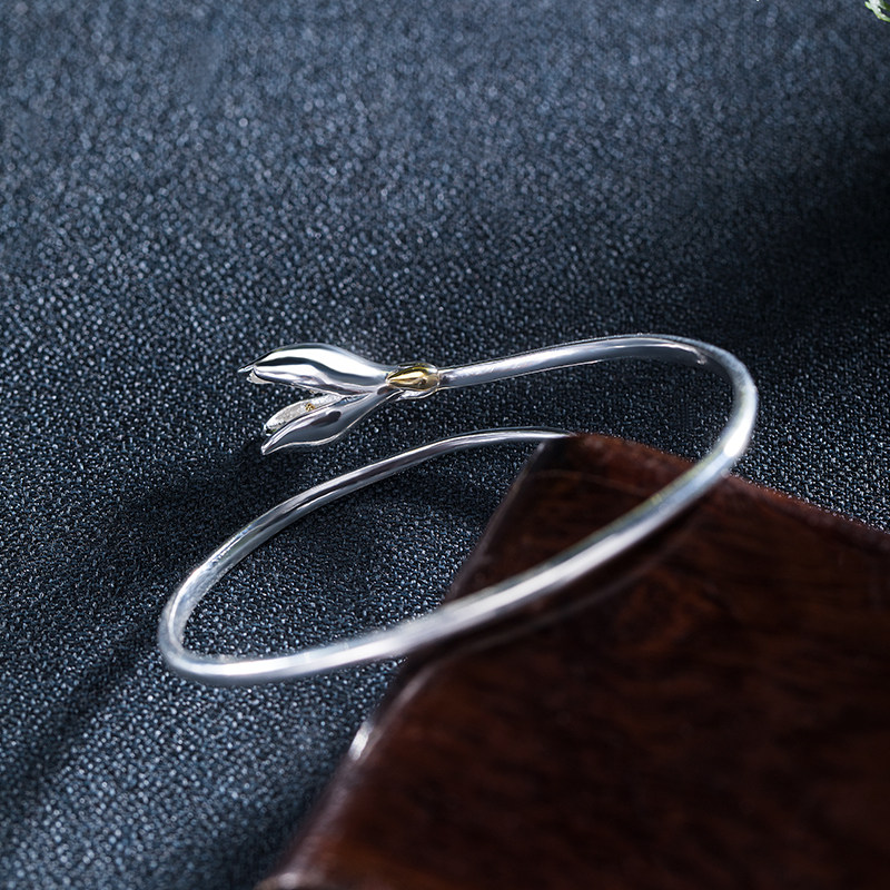 s925纯银百合花手镯简约宫廷复古中国国风年轻手镯