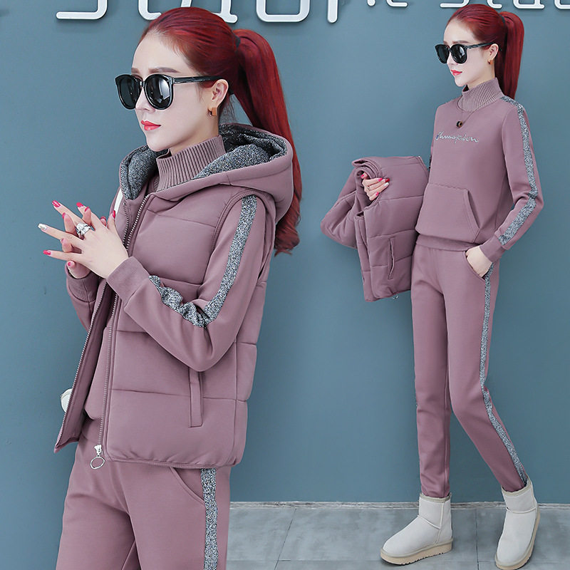 双面绒运动服套装女时尚2019秋冬季新款加绒加厚金丝绒休闲三件套
