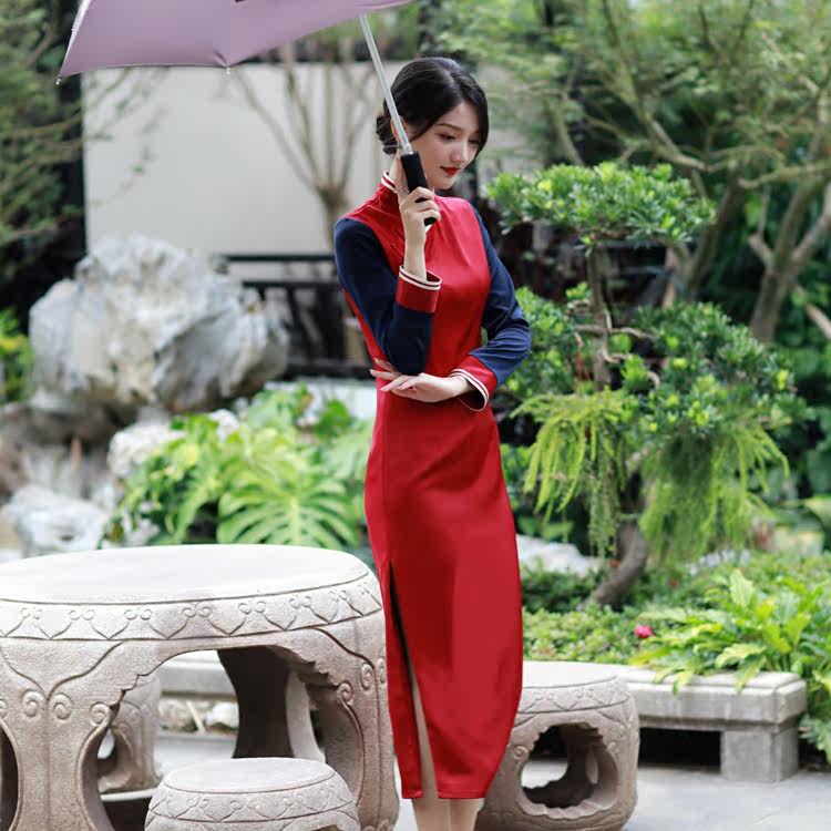 华胥国定制 学自风桑蚕丝拼接捆边学院风手工长袖19秋改良旗袍