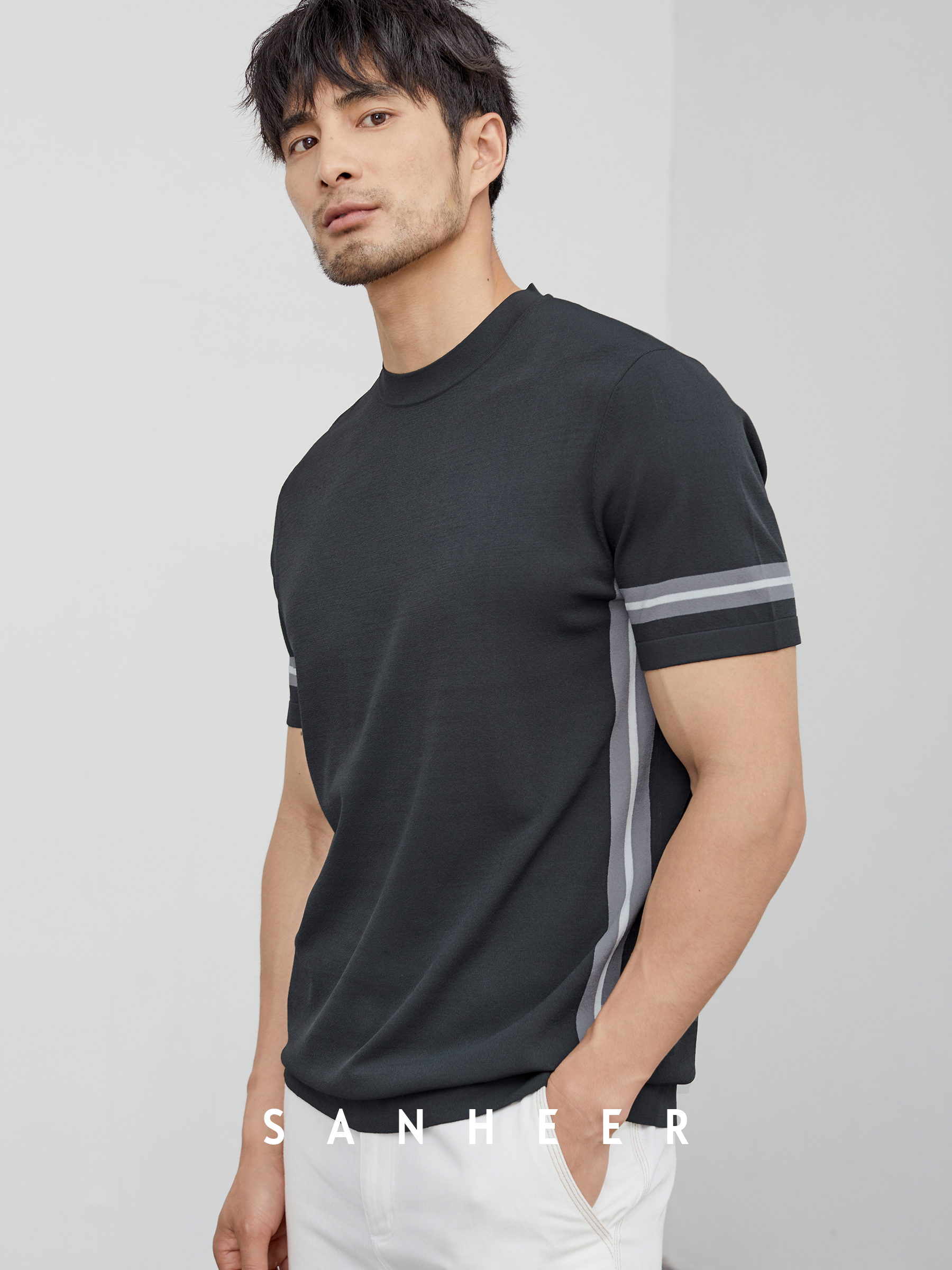 夏季通勤百搭 不对称撞色 干爽舒适冰丝男士圆领短袖T恤衫 DAT784