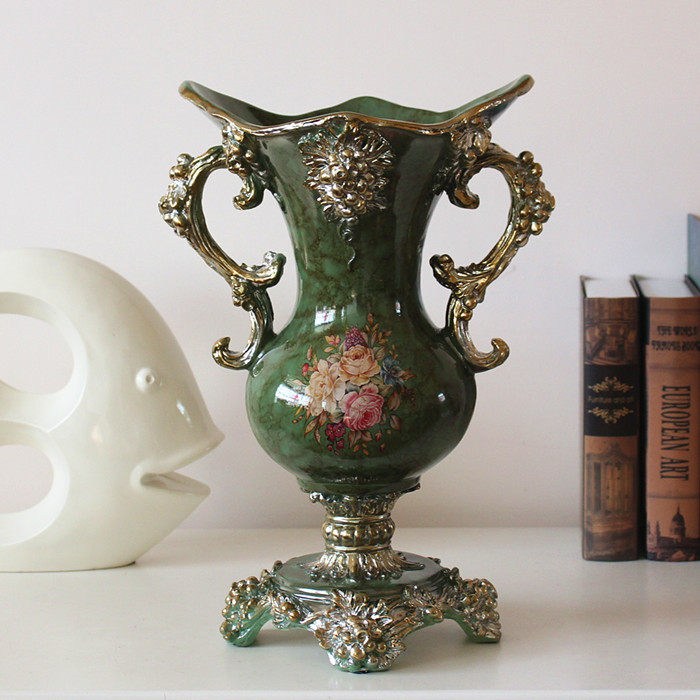 欧式树脂花瓶客厅复古奢华陶瓷摆件仿真花花花瓶