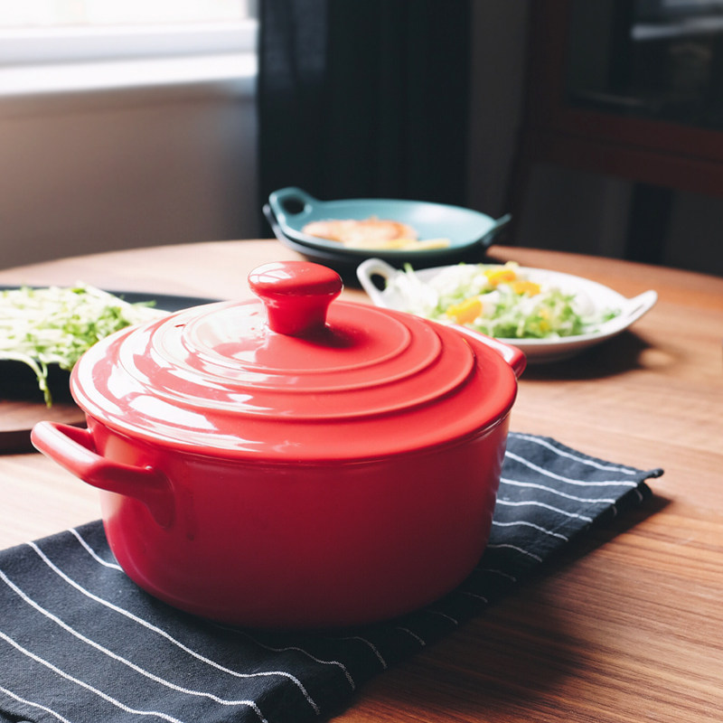 早上好商店 | 北欧风红色带盖双耳陶瓷砂锅耐高温不粘锅煲汤炖锅
