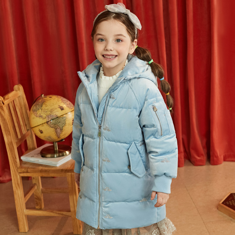 辛巴娜娜童装2021冬季新款女童刺绣白鸭绒羽绒服中长羽绒服
