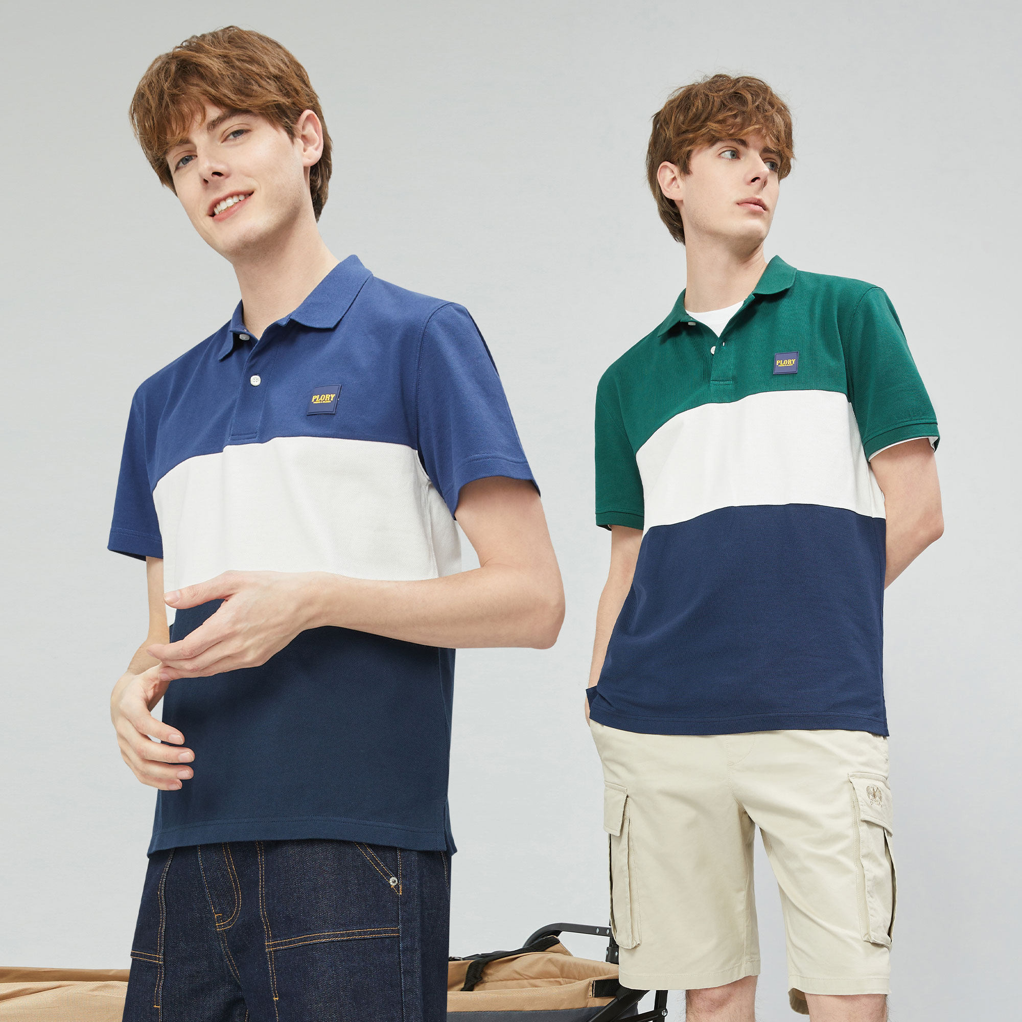plory男装2022夏季撞色拼色款男士老鹰刺绣商务polo衫
