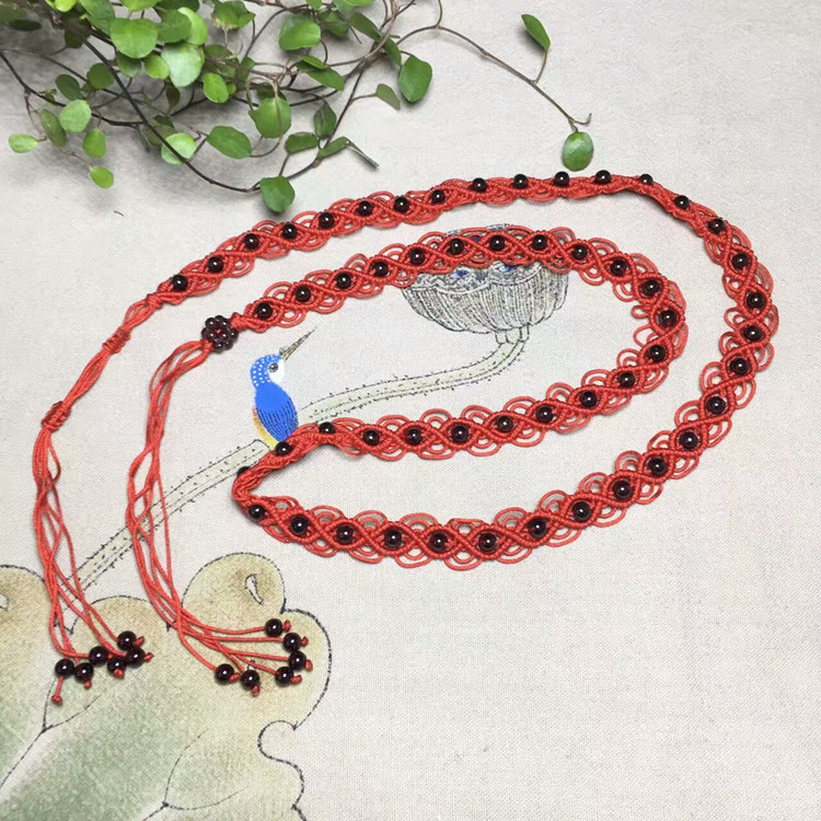 散珠时尚饰品金刚结配酒红 鸡年本命年红绳腰链女红腰带 石榴石其