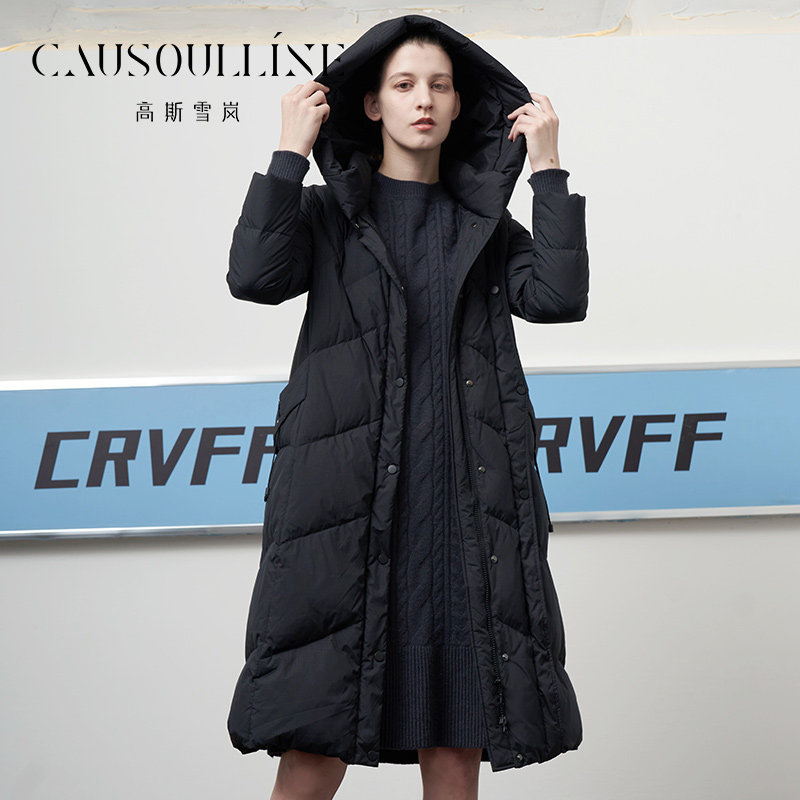 商场同款高斯雪岚黑色辣椒红色鹅绒过膝宽松羽绒服