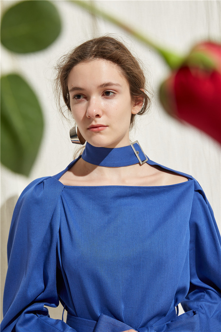 as usual 系带露肩女神连衣裙高级雾蓝(非质量问题不退不换)