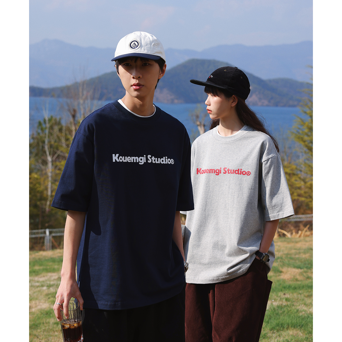 KOUEMGI空味 夏季简约印花重磅短袖t恤男宽松情侣休闲百搭体恤衫