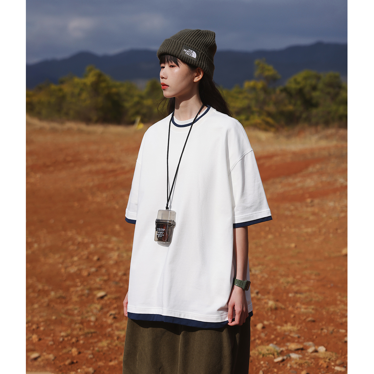 KOUEMGI空味日系拼接纯棉重磅260g短袖t恤男夏季百搭宽松半袖体恤