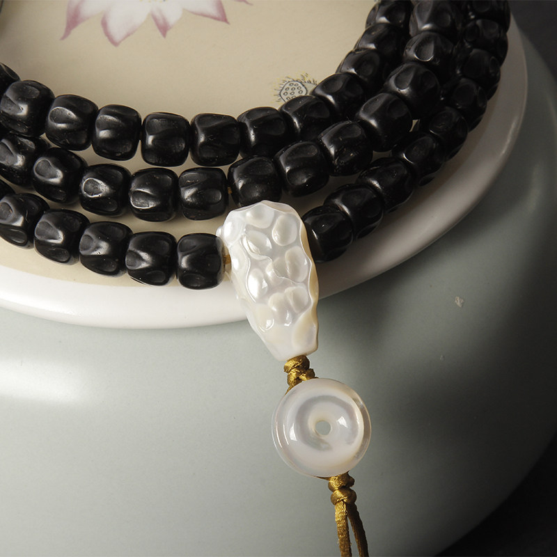 印尼佛珠鱼骨螺钿朝珠项链文玩念佛黑金手串佛珠