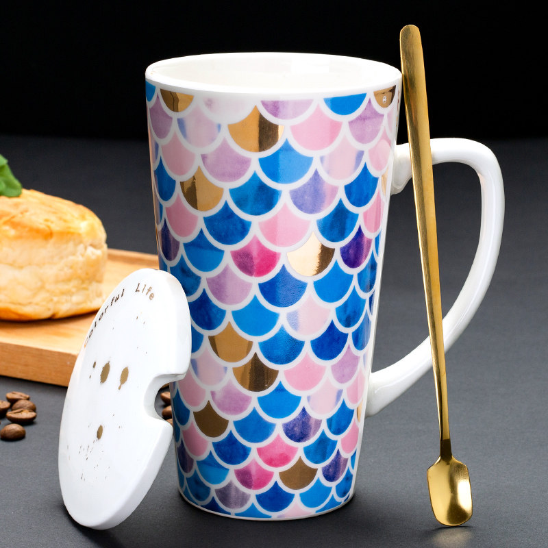 创意鱼鳞陶瓷杯子大容量家用个性马克马克杯