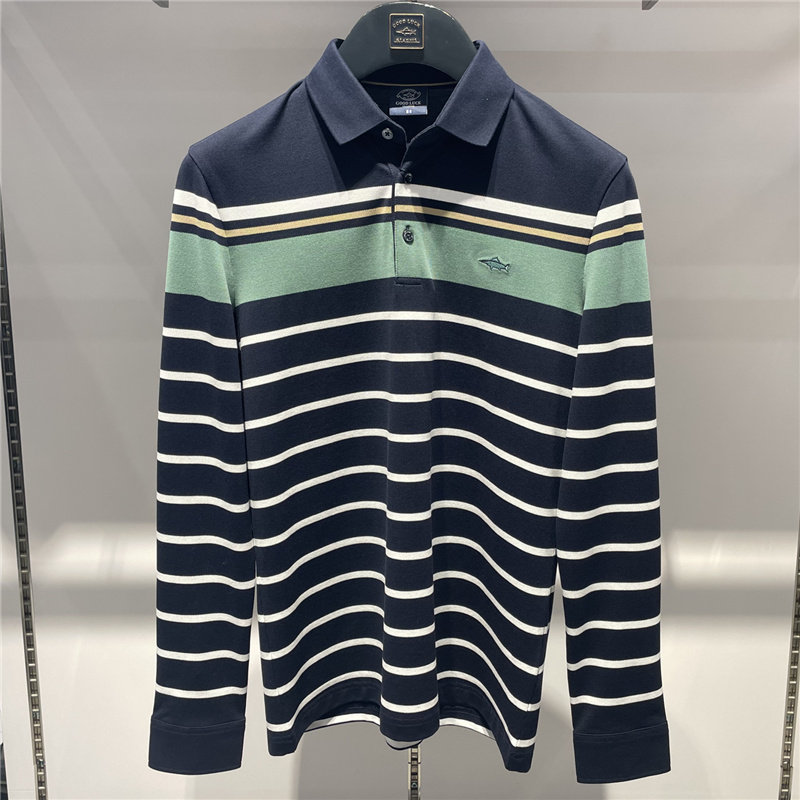 德国鲨鱼goodluck品牌男装2021春装新款翻领条纹t恤