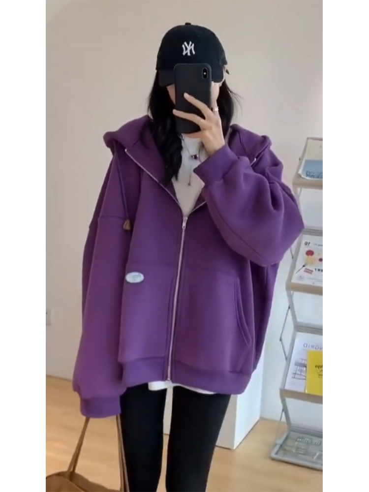 秋冬季韩系高级感慵懒风oversize独特别致紫色休闲拉链卫衣外套女