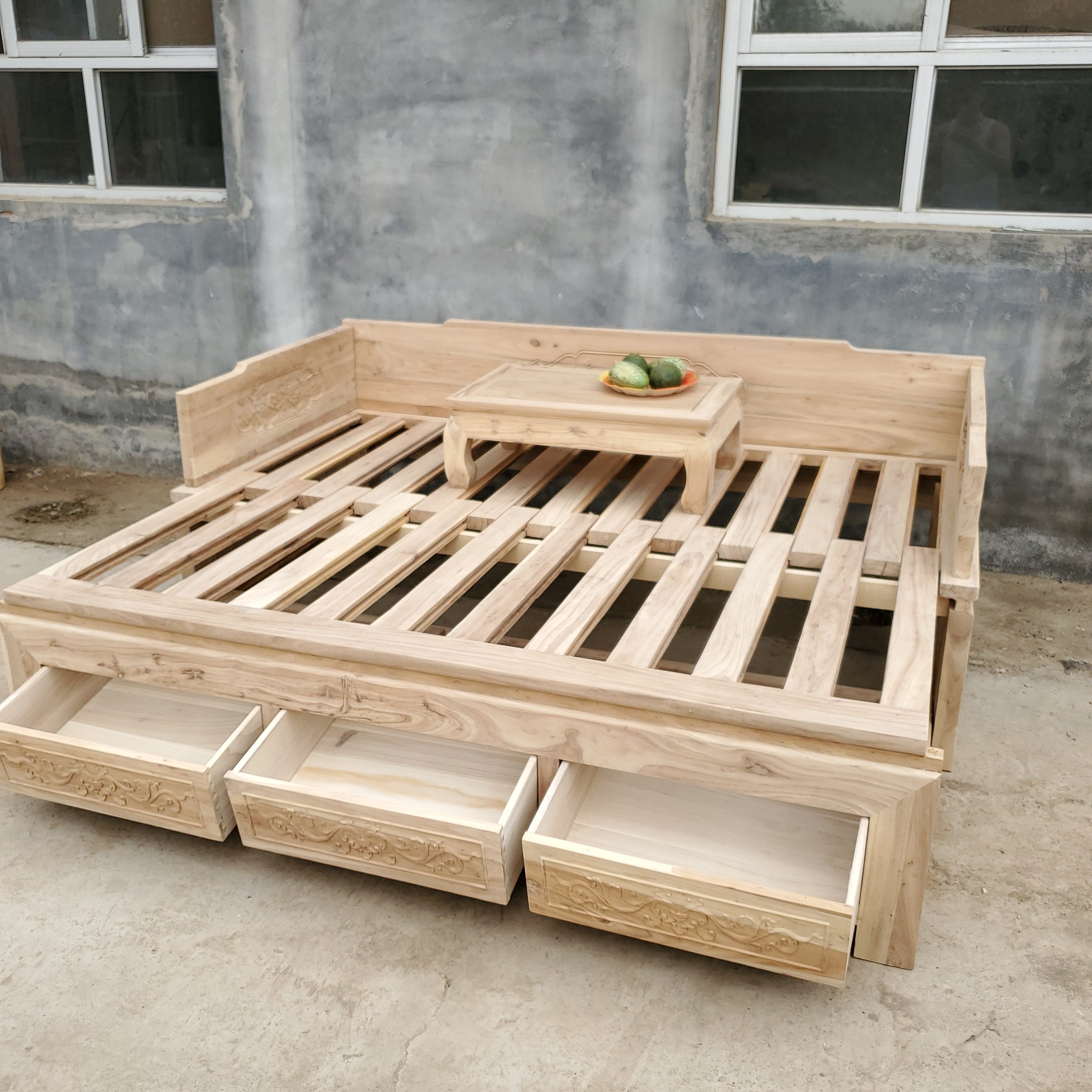 老榆木罗汉床白茬白坯实木床仿古床沙发床新中式床家具白茬白胚